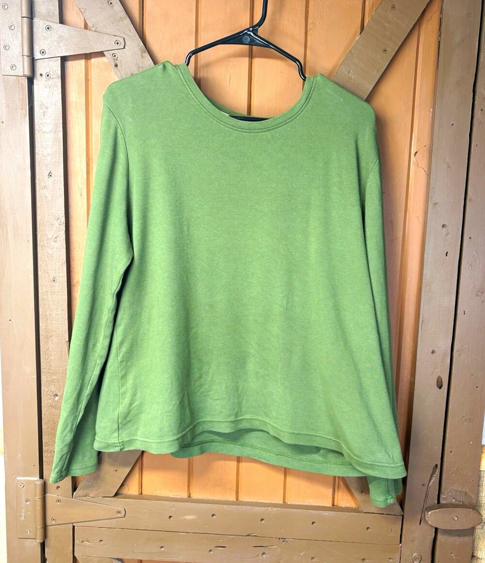 Basic Editions Women's Green Crew Neck Long Sleeve Knit Cotton Tee Regular XL